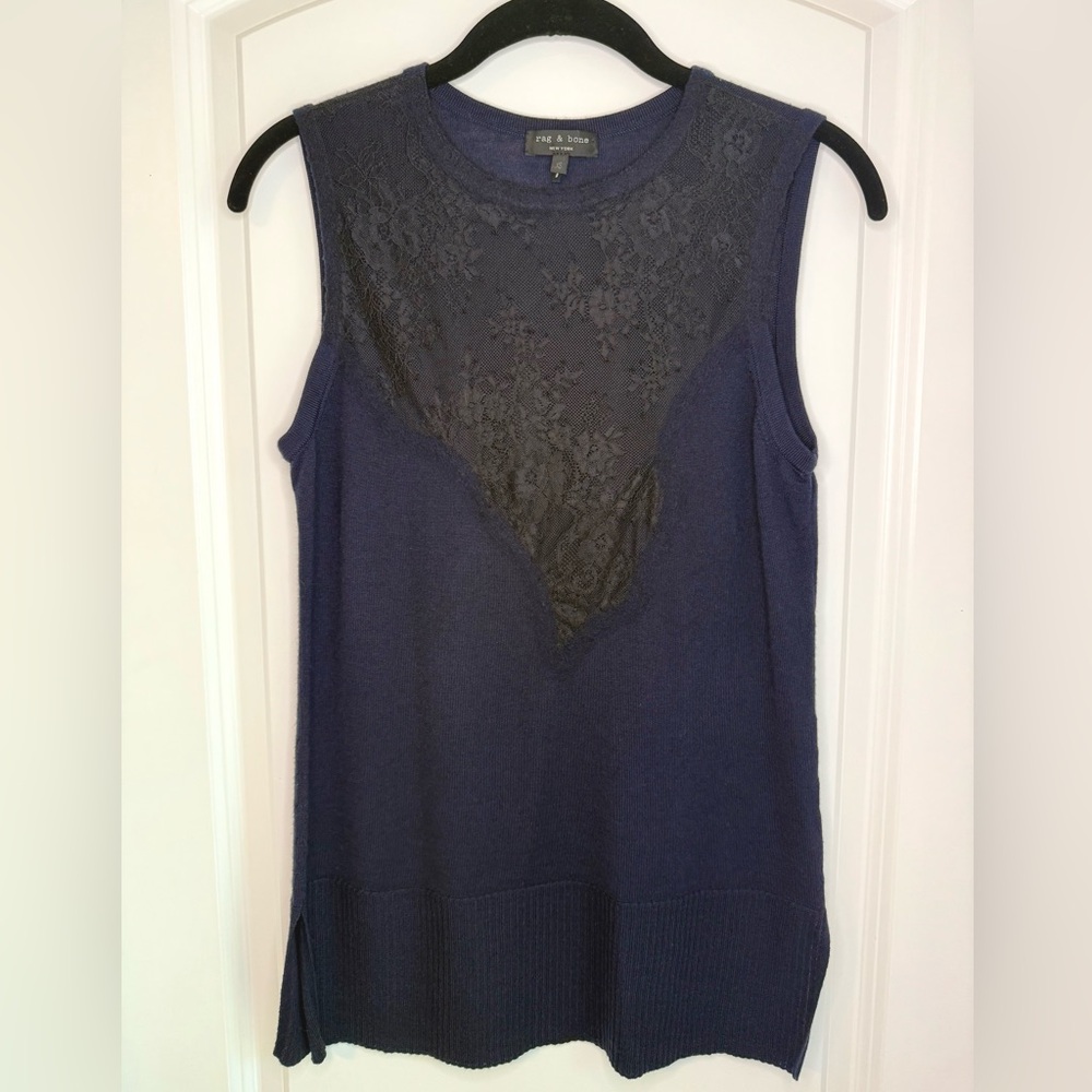 rag & bone Wool Knit Lace Sleeveless Top Navy/Black Size XS